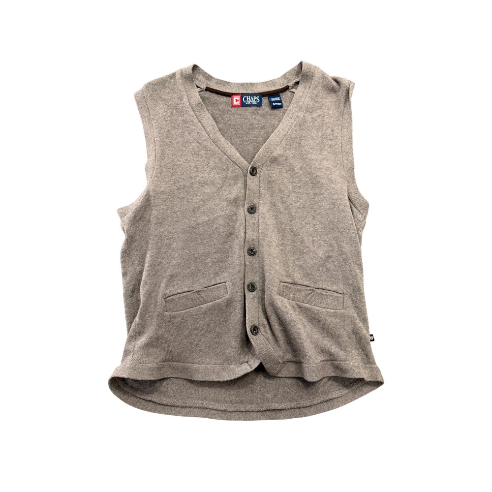 Chaps Mens Small Taupe Brown 100% Cotton Button Front V-Neck Sweater Vest Pocket